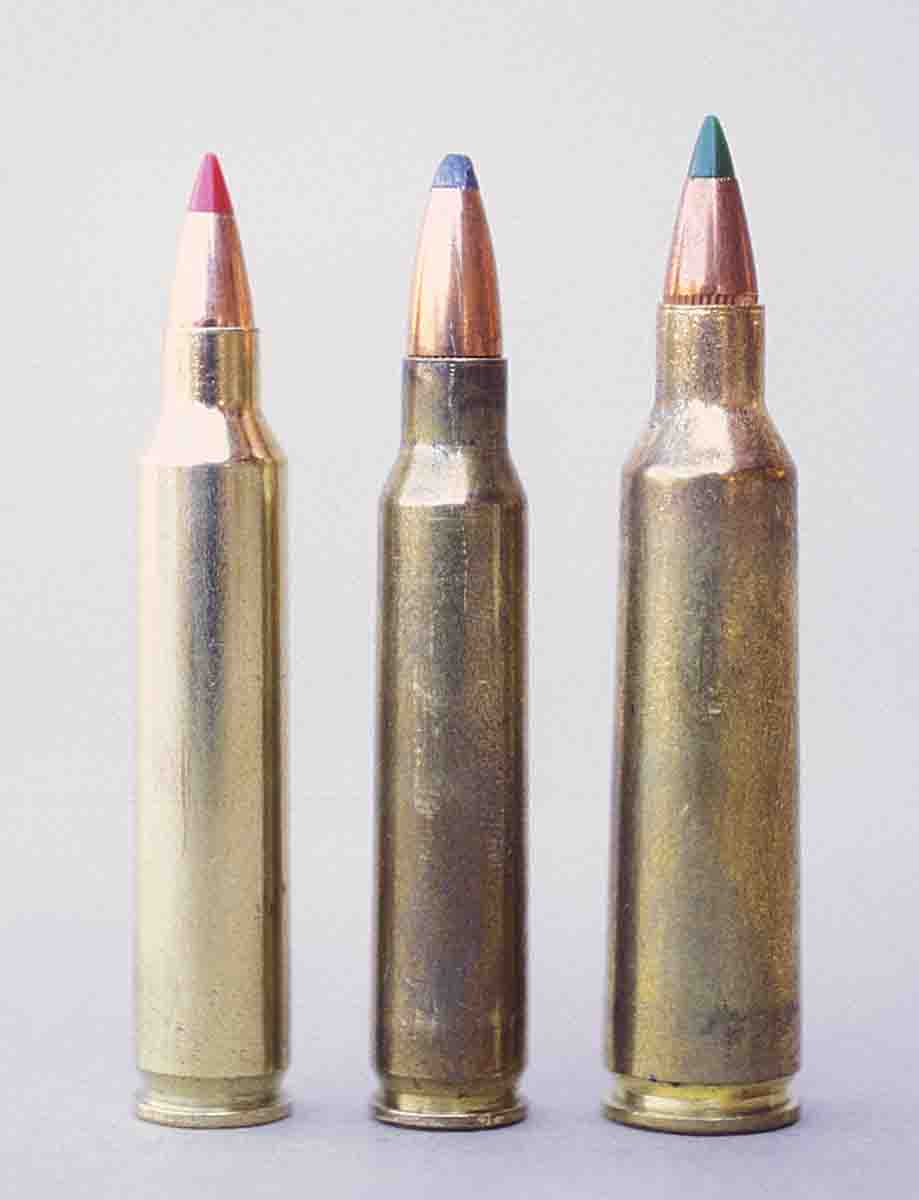 The .204 Ruger (left) is shown with the .223 Remington and .22-250 Remington.